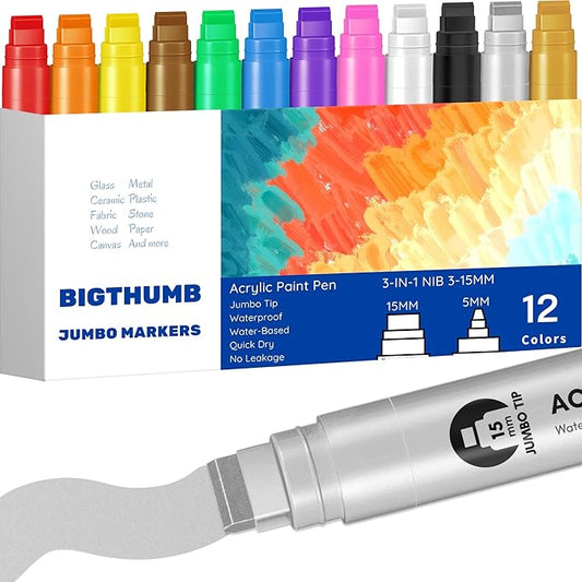 BIGTHUMB Jumbo Poster Markers Set: 12 Colors Large 15mm Wide Tip Permanent Ink by BIGTHUMB