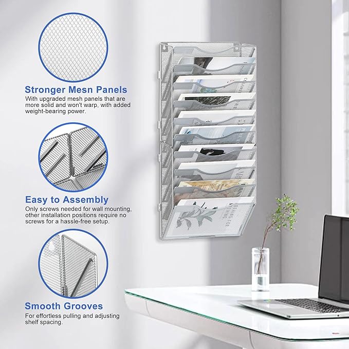 EasyPAG Wall File Organizer for Office 10 Pocket Mesh Wall Mounted Paper - Image 3