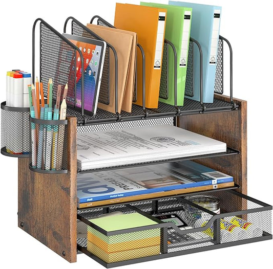 4-Tier Mesh Desk Organizer, Wooden Desk File Organizer by DAOUTIME