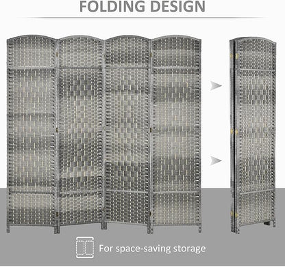 HOMCOM 4 Panel Room Divider, Hand-Woven Freestanding Wood Partition - Image 3
