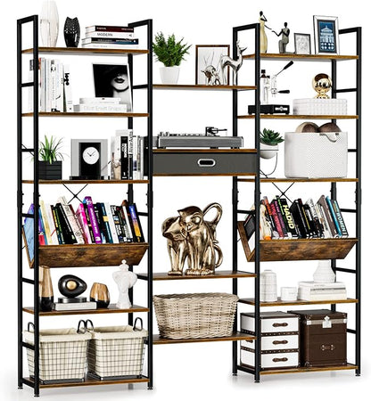 NUMENN Triple Wide 6 Tier Bookshelf, Adjustable Rustic Industrial Style Book by NUMENN