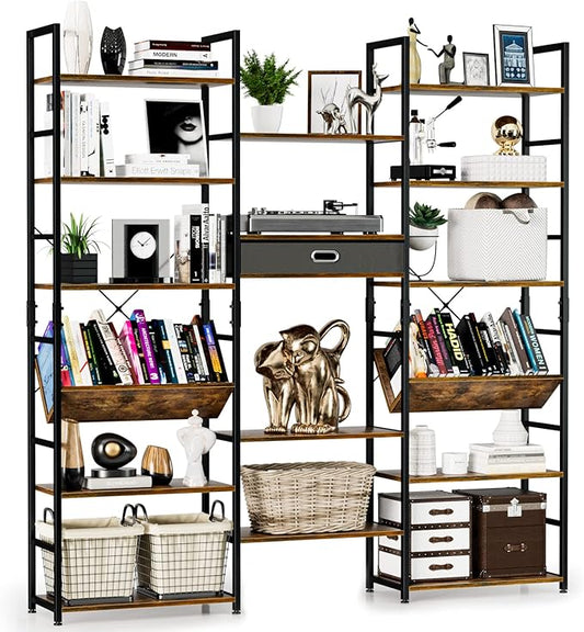 NUMENN Triple Wide 6 Tier Bookshelf, Adjustable Rustic Industrial Style Book by NUMENN