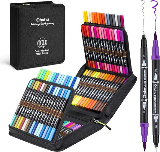 Ohuhu Markers for Adult Coloring Books: 100 Colors Brush Pens Dual Brush Fine by Ohuhu