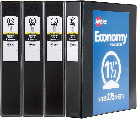 Avery Economy View 3 Ring Binders, 1.5" Round Rings, 4 Black Binders by Avery