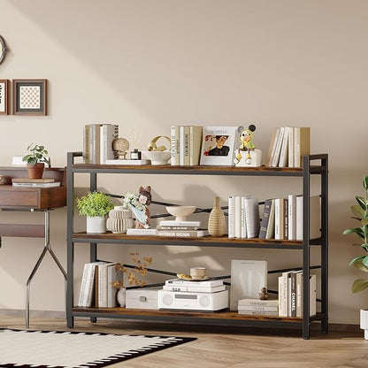 3 Tier Bookshelf 47.24" Width, Wood and Metal Etagere Bookcase, Vintage - Image 6