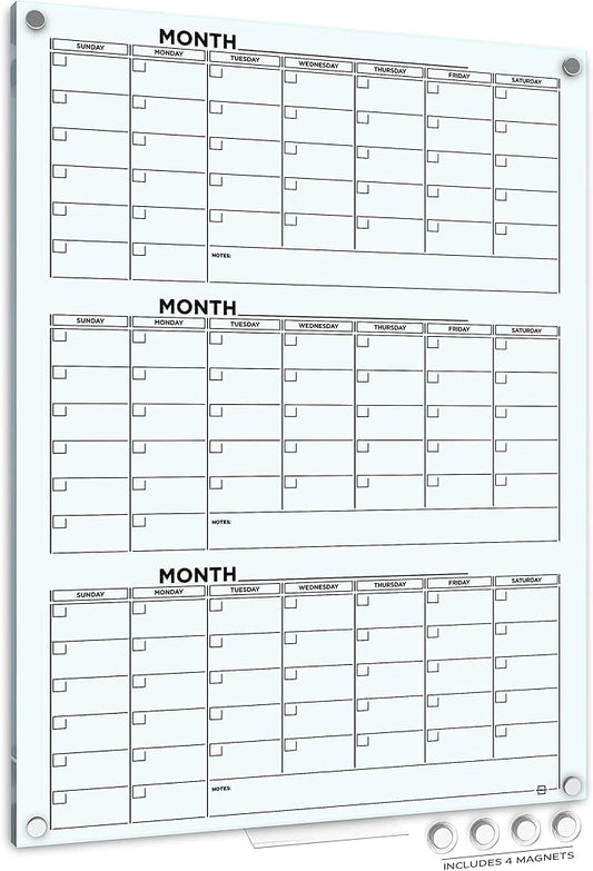 Glass Whiteboard Calendar 34x46” Quarterly Planner White Board Dry Erase Board by Scribbledo