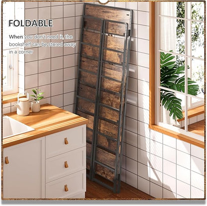 4NM No Assembly 6 Tiers Folding Bookshelf Storage Shelves Vintage Bookcase - Image 4