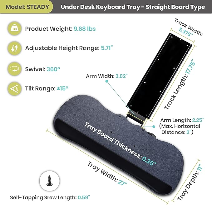 FERSGO Under Desk Keyboard Tray, 17.75" Track, One Knob Control, Undermount - Image 2