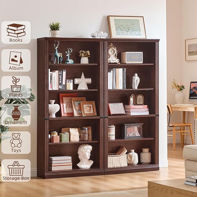 RWYHG 70" Walnut Tall Bookshelf Set of 3, 5-Tier Thick Wooden Book Shelf - Image 4