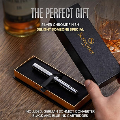 Scriveiner Silver Chrome Fountain Pen, Award Winning Luxury Pen, Heavy Pocket - Image 3