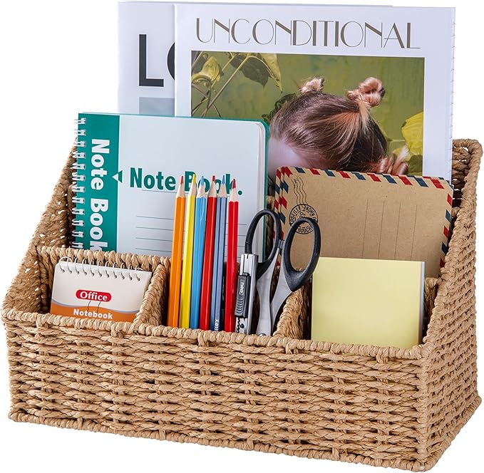DINGTAI Rattan Desk Organizer, Tabletop Mail Holder, 5 Slot Mail Organizer by DINGTAI