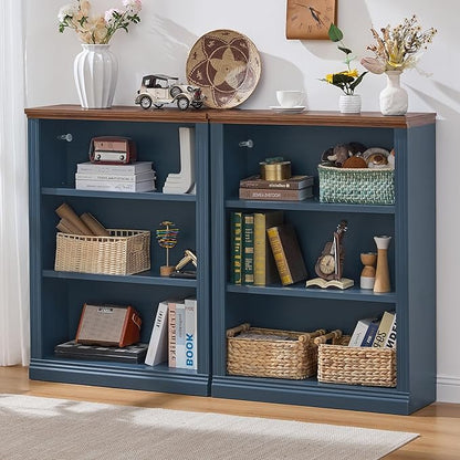 RWYHG 43" Blue Tall Bookshelf Set of 2, 3-Tier Thick Wooden Book Shelf by RWYHG
