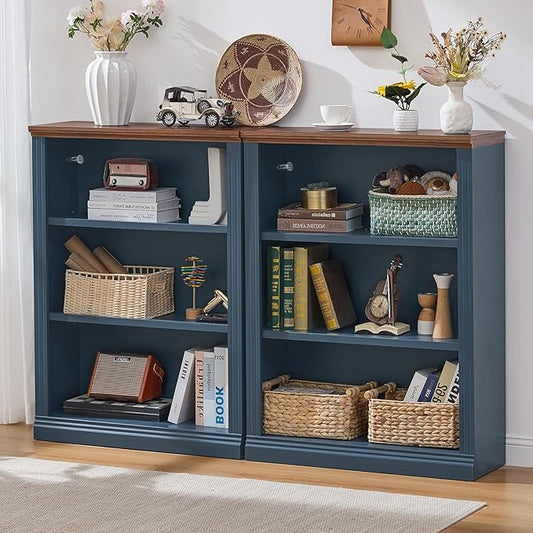 RWYHG 43" Blue Tall Bookshelf Set of 2, 3-Tier Thick Wooden Book Shelf by RWYHG