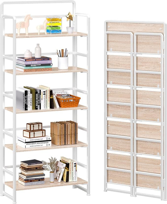 4NM No Assembly 5 Tiers Folding Bookshelf Storage Shelves Vintage Bookcase by 4NM