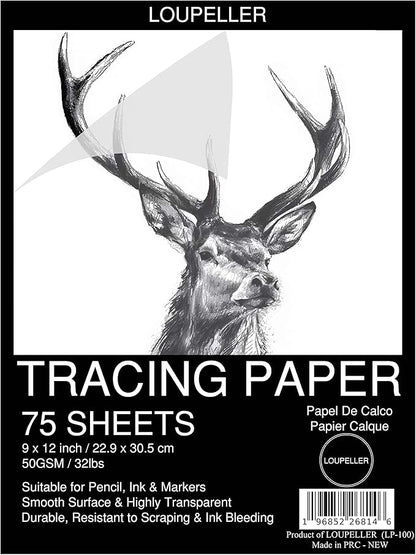 LOUPELLER 9” x 12” Tracing Paper Pad – 75 Sheets of 32lb 50g – Wrinkle Free by Loupeller