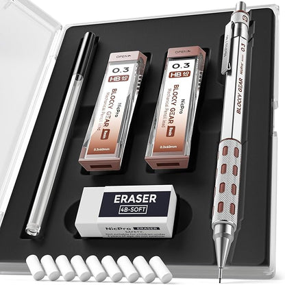 Nicpro Blocky Gear 0.3 mm Mechanical Pencils Set in Case, Metal Pencil by Nicpro