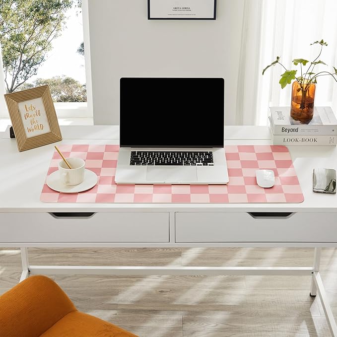 Ohocut Checkered Desk Mat, 31.5" x 15.7" Large Cute Coral Pink Aesthetic Retro - Image 2
