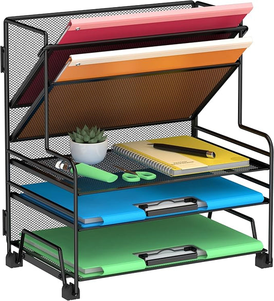 Desk File Organizer, 3-Tier Letter Tray Paper Organizer and 2-Pocket Metal by Delifox