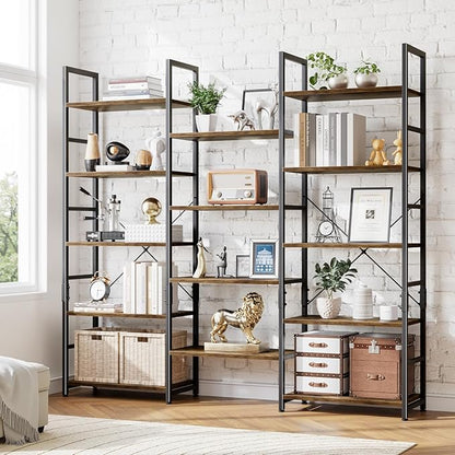 NUMENN Triple Wide 5 Tier Bookshelf, Rustic Industrial Style Bookcases - Image 5