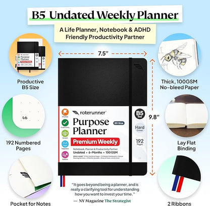 Purpose Planner Notebook B5 7.5”x9.8” Undated 2026 Daily Weekly and Monthly - Image 2