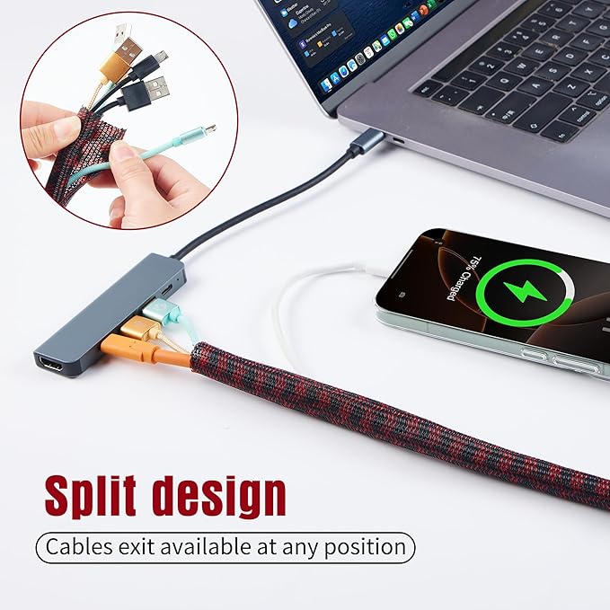 QCSIW Split Cable Sleeve, 3/4" 25ft Black Red Braided Wire Loom - Image 7