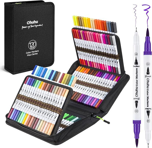 Ohuhu Markers for Adult Coloring Books No Bleeding 120 Colors Water-based Dual by Ohuhu