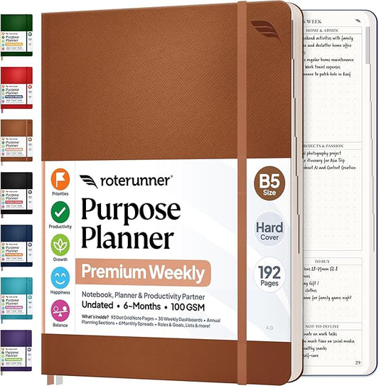 Roterunner Purpose Planner Notebook B5 7.5”x9.8” Undated 2026 Daily Weekly and by Roterunner