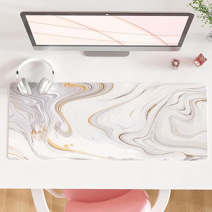 QIYI White Mouse Pad, Cute Marble Large Desk Mat, PU Leather Desk Protector by QIYI