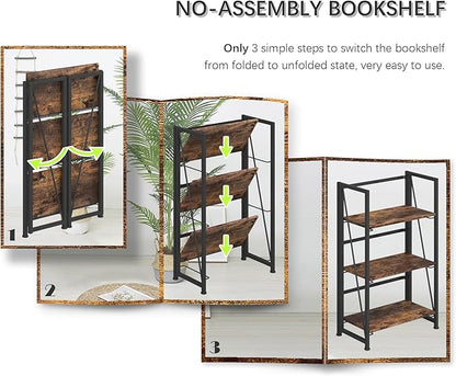 4NM No Assembly Folding Bookshelf Storage Shelves 3 Tiers Vintage Bookcase - Image 7