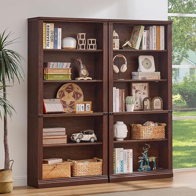 RWYHG 70" Walnut Tall Bookshelf Set of 3, 5-Tier Thick Wooden Book Shelf - Image 7