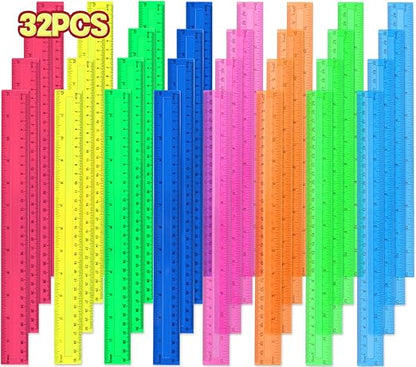 12 Inch Plastic Rulers, 32 Pack Assorted Colors Transparent Ruler Bulk by Unknown