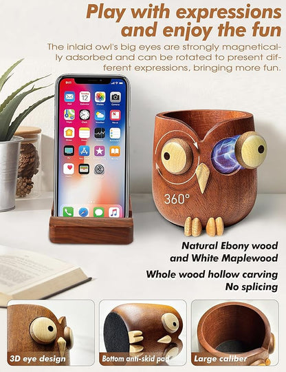 WODTILIFE Cute Owl Pen Holder for desk and walnut Phone Stand, Fun ebony pencil - Image 6
