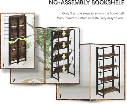 4NM No Assembly Folding Bookshelf Storage Shelves 4 Tiers Vintage Bookcase - Image 9
