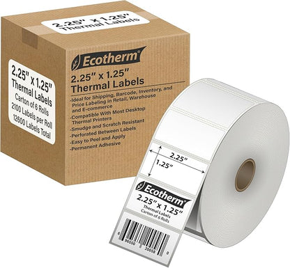 2.25" x 1.25" Thermal Labels | 6 Rolls | 12600 Labels | fits Zebra, Offnova by EcothermProducts