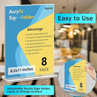 Argvey 8 Pack Acrylic Sign Holder 8.5 x 11 Vertical - Image 3