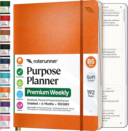 Roterunner Purpose Planner Notebook B5 5.8”x8.3” Undated 2026 Daily Weekly and by Roterunner
