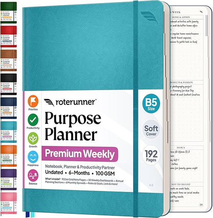 Roterunner Purpose Planner Notebook B5 7.5”x9.8” Undated 2026 Daily Weekly and by Roterunner