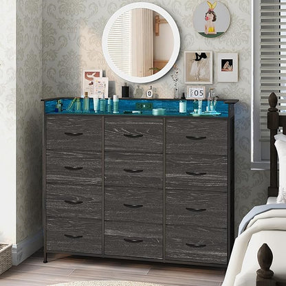 Welfuturer Black Dresser with LED Light 12 Drawers Dresser with Charging by EXOTICA