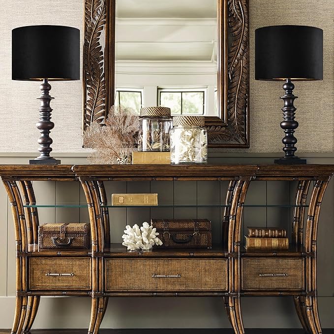 GO&SO Black Velvet Lamp Shades Set of 2 Medium Drum Lampshades -13" Top x 13" - Image 8