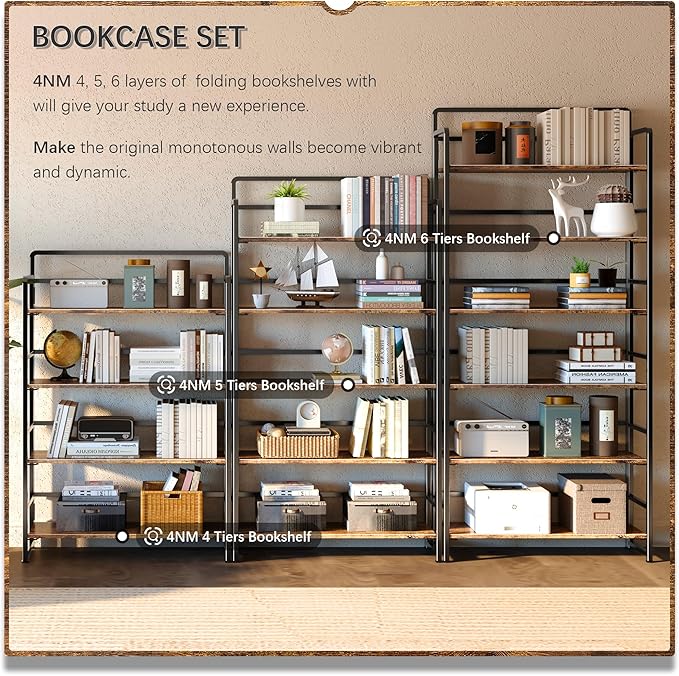 4NM No Assembly Extra Wide 4 Tiers Folding Bookshelf Storage Shelves Vintage - Image 5