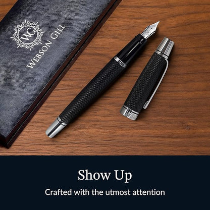Webson Gill Show Up' Black Luxury Executive Fountain Pen, Woven Lacquer & Chrome - Image 2