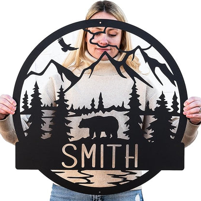 Wilderness Bear Cabin Name Sign | Mountain & Rustic Metal Bear | Personalized by LakeshoreMetalDecor