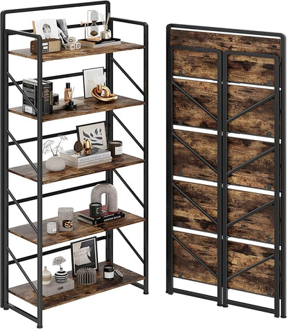 JSB Folding Bookshelf, Industrial Storage Shelves, No Assembly Vintage Wood by HomeFurniture