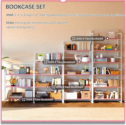 4NM No Assembly 5 Tiers Folding Bookshelf Storage Shelves Vintage Bookcase - Image 5