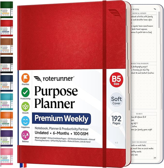 Roterunner Purpose Planner Notebook B5 7.5”x9.8” Undated 2026 Daily Weekly and by Roterunner