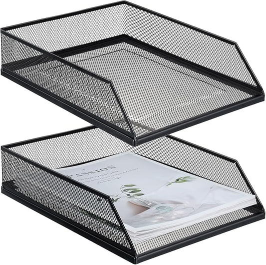 Hicarer 2 Pcs Black Metal Letter Tray Stackable Desk Tray Single Wire Mesh by Hicarer
