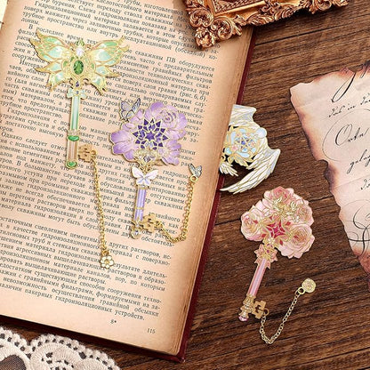 4pcs Metal Bookmarks Set for Reading Women and Men, Enchanted Floral Wing Key - Image 6