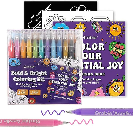 Grabie 12Colors Acrylic Gel Pens&Coloring Book, Medium Point Colored Gel Pens by Grabie