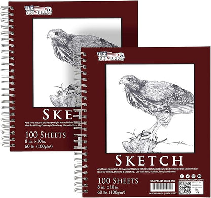 U.S. Art Supply 8"x10" Sketch Book Pad, 2 Pack, 60lb Spiral Bound by USArtSupply