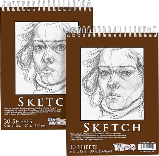 U.S. Art Supply 9”x12 Premium Heavy-Weight Paper Spiral Bound Sketch Book: 90 by USArtSupply